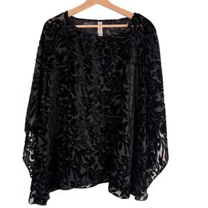 Endless Designs Black Velvet Floral Burnout Sheer‎ Kaftan Top Plus One Size